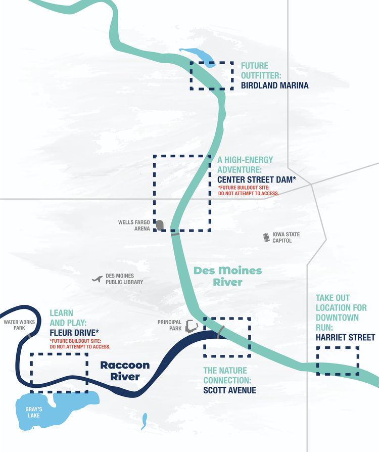 Map showing trails around downtown Des Moines and the Des Moines River and Racoon River