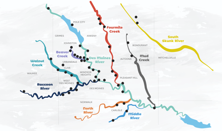 Map of rivers in central Iowa